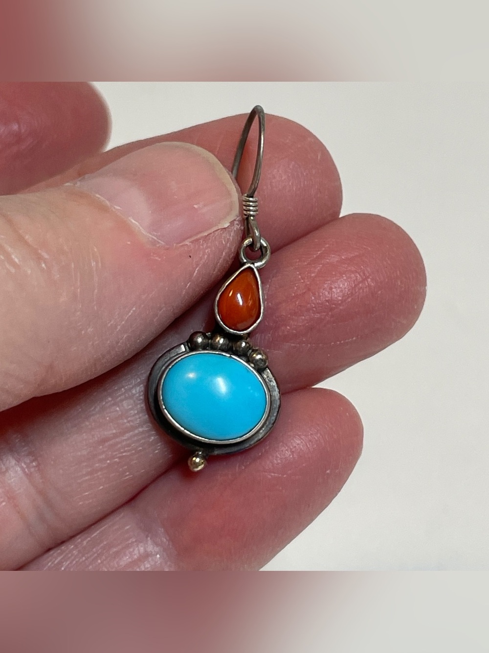 Running Bear Zuni Native American Turquoise Coral Sterling Silver Drop Earrings